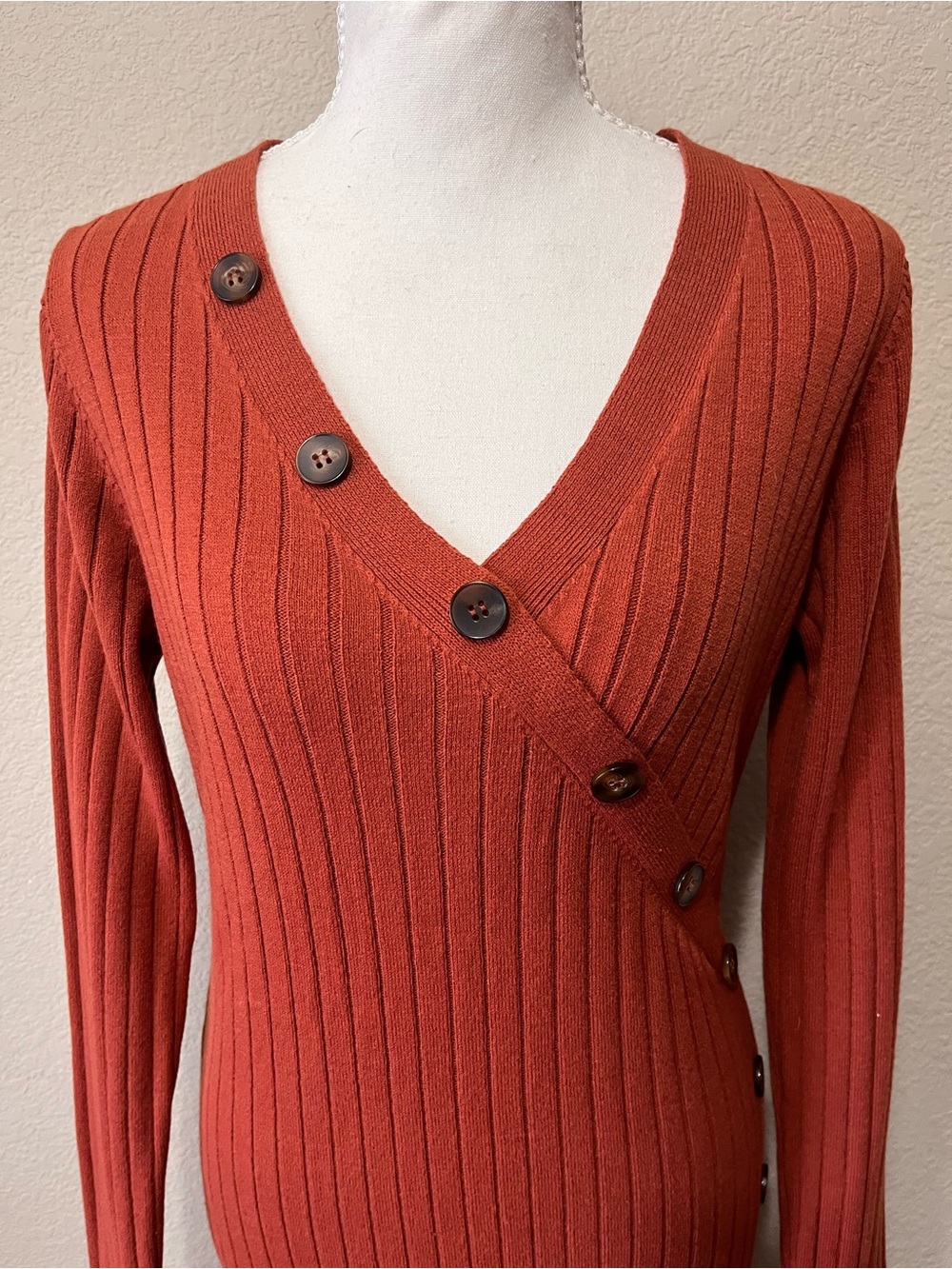 ASOS Rust Ribbed Button-Trim Long Sleeve Midi Dress - Picture 2 of 9